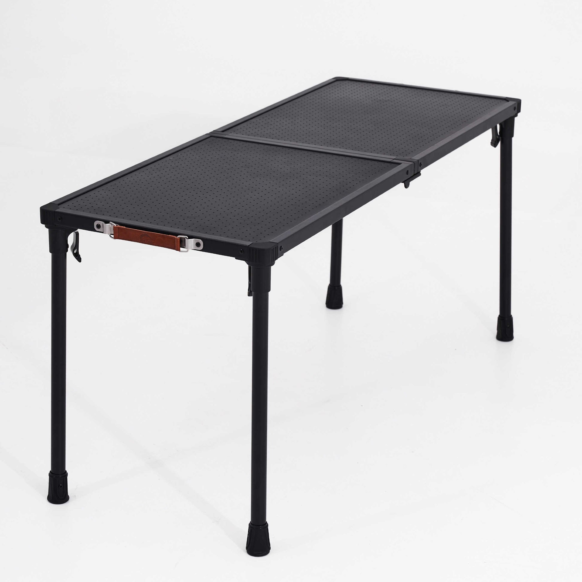 Black adjustable folding table on a white background