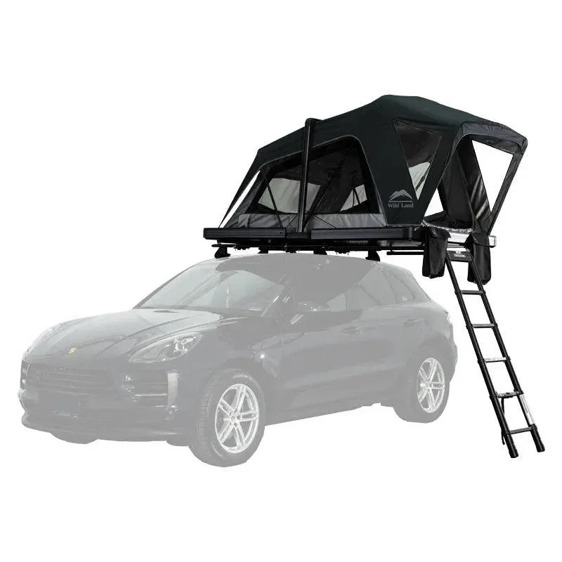 Roof top tent orthframe attached to a car on a white background