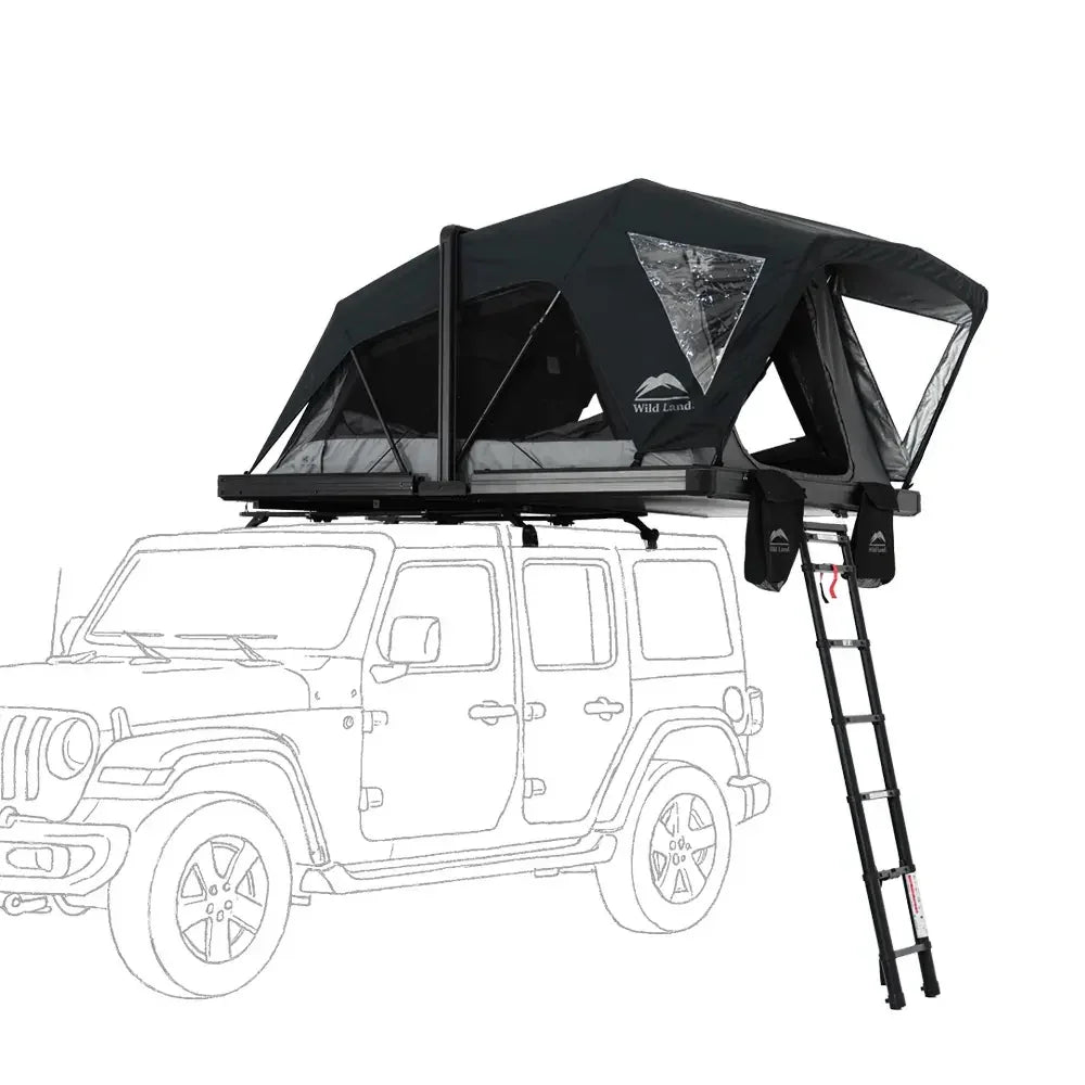 Roof top tent attached to a vehicle with a ladder on a white background