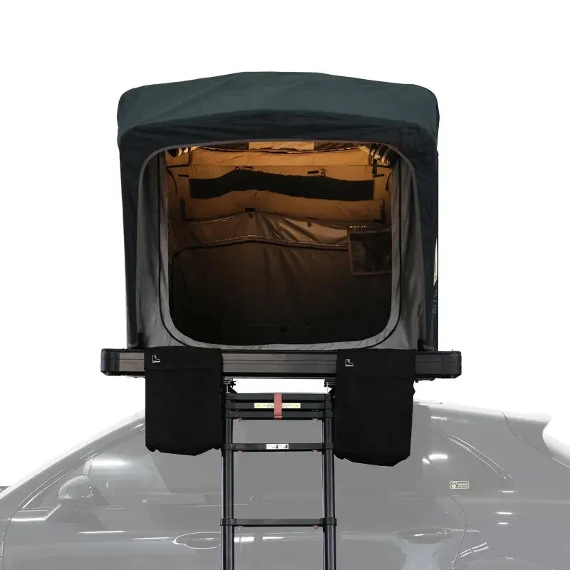 Roof top tent attached to a car with ladder on a white background