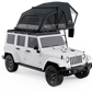White Jeep Wrangler with a black rooftop tent on a white background