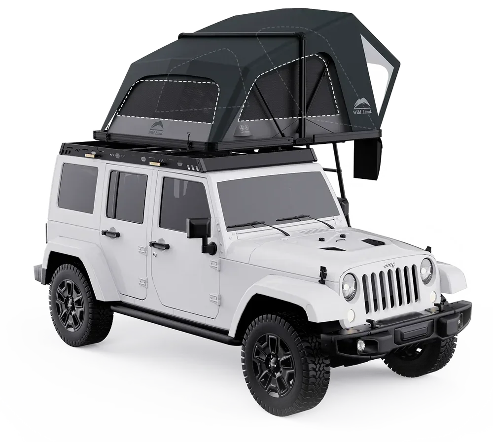 White Jeep Wrangler with a black rooftop tent on a white background
