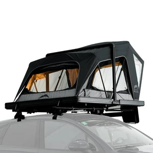 Roof top tent attached to a car on a white background