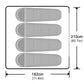Measurement chart with four gray rectangular shapes and dimensions labeled.