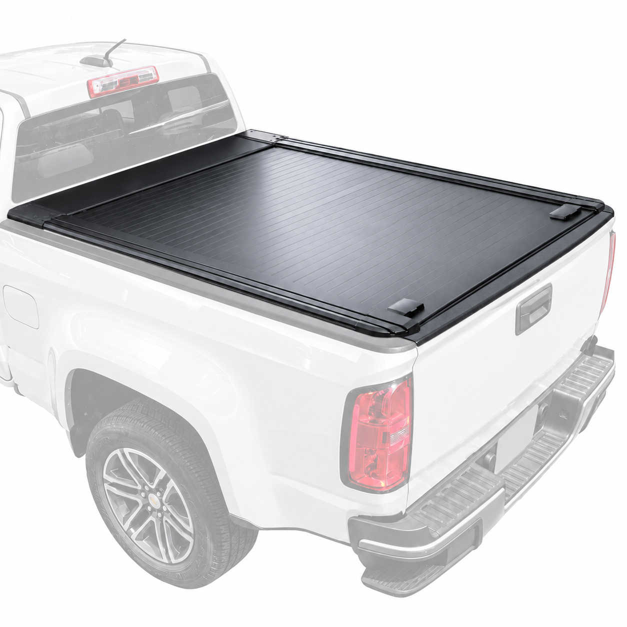 A black tonneau cover for a pickup truck bed, shown installed on the bed of a white pickup truck against a plain white background.