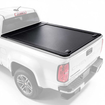 A black tonneau cover for a pickup truck bed, shown installed on the bed of a white pickup truck against a plain white background.