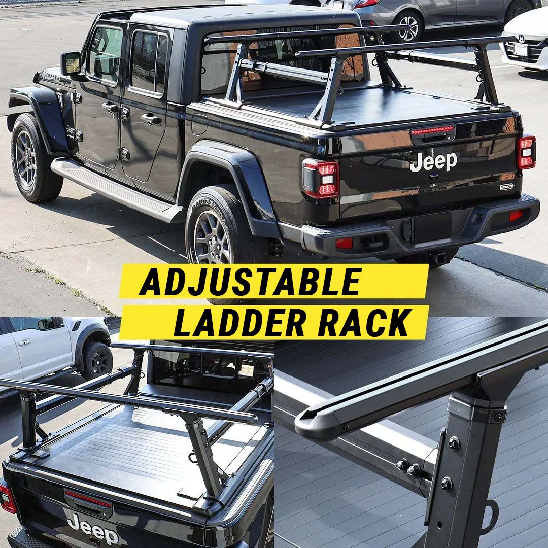 Black Jeep truck with adjustable ladder rack on a city street background