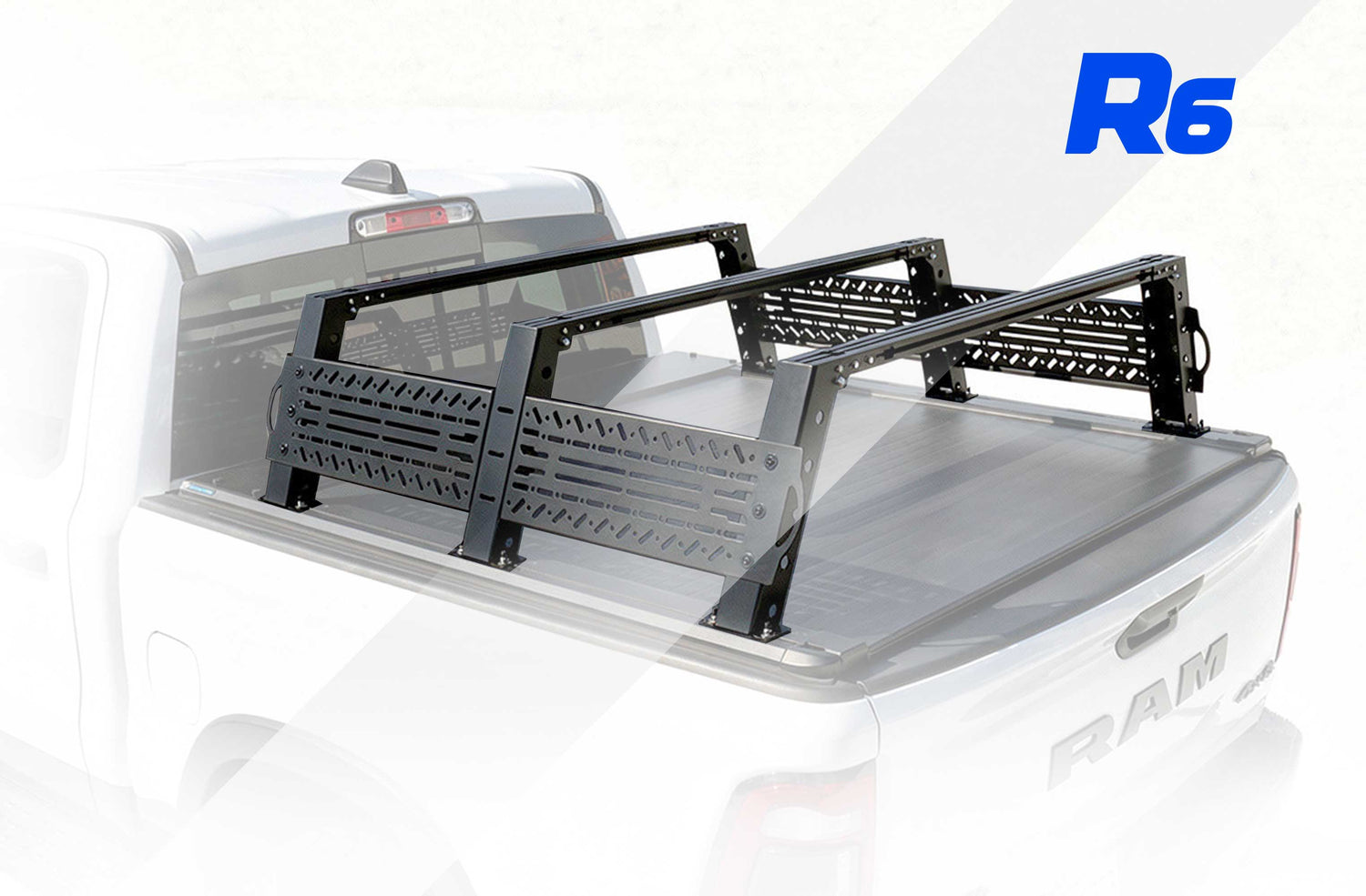 Truck bed rack on a white truck with 'R6' branding.