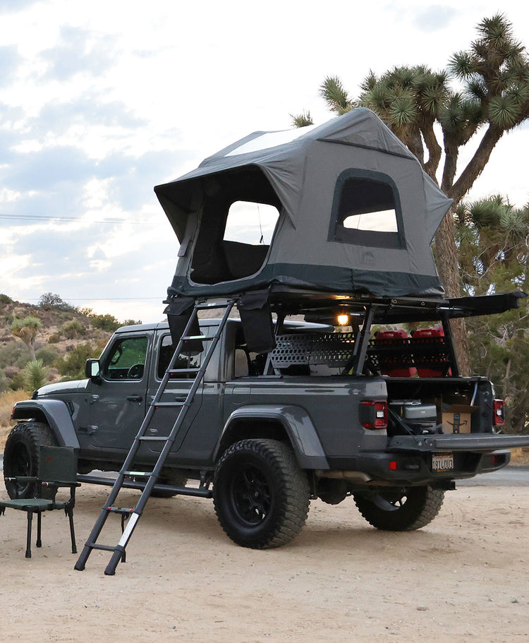 jeep gladiator installed syneticusa ladder rack and side panel with roof top tent