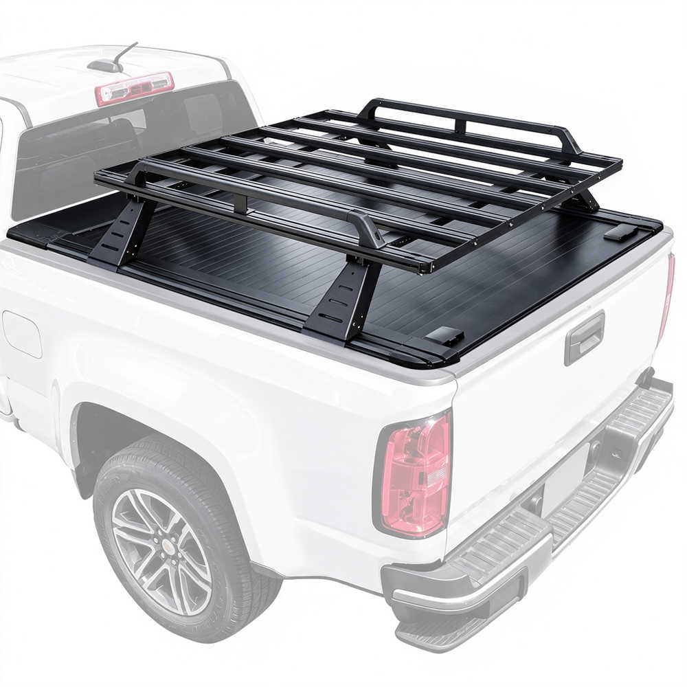 A syneticusa black metal R2 luggage rack mounted over a black tonneau cover on a white pickup truck, shown from the rear three-quarter angle against a plain white background.