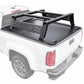 A black metal truck bed rack mounted over a black tonneau cover on a white pickup truck, shown from the rear three-quarter angle against a plain white background.