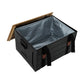 Black storage crate with a wooden lid on a white background