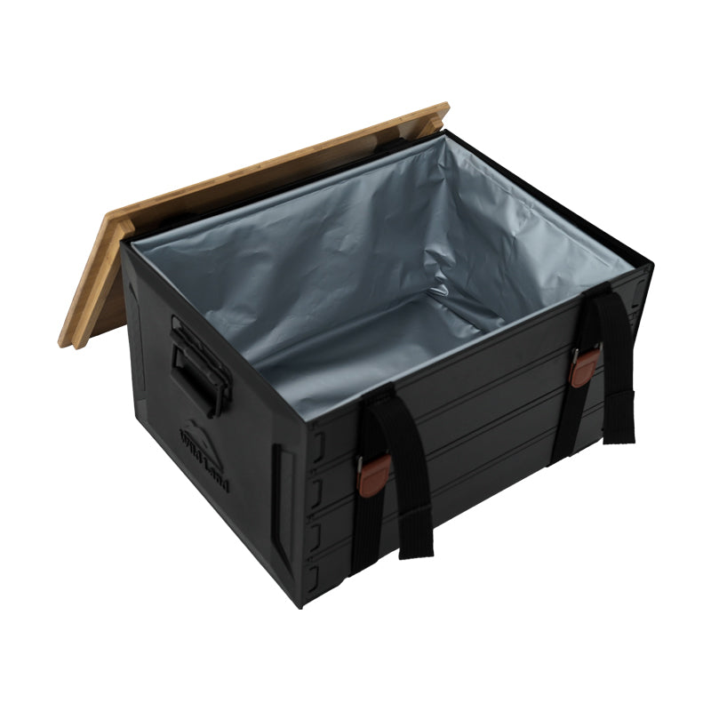 Black storage crate with a wooden lid on a white background