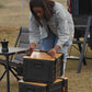 Close up view of portable camping storage box tie down