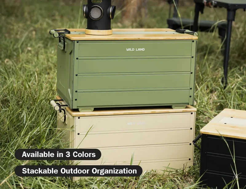 Close up side view of portable camping storage box