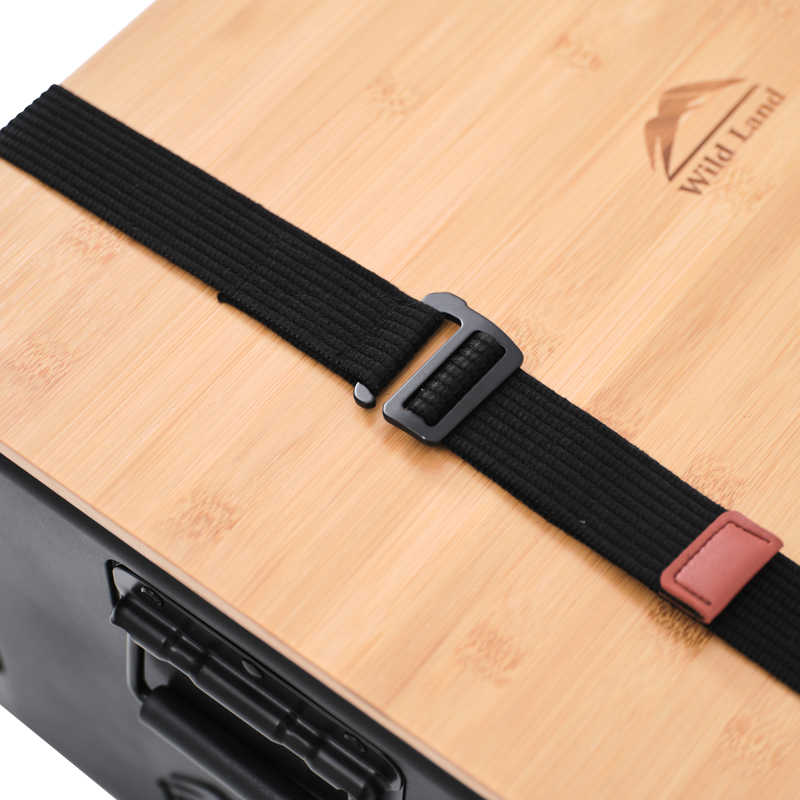 Close up view of portable camping storage box strap