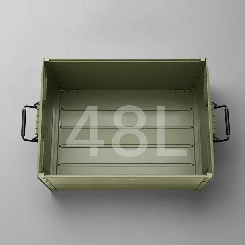 An olive green metal storage crate with black side handles, shown from a top-down perspective on a neutral gray background. A semi-transparent '48L' text overlay is visible in the center.
