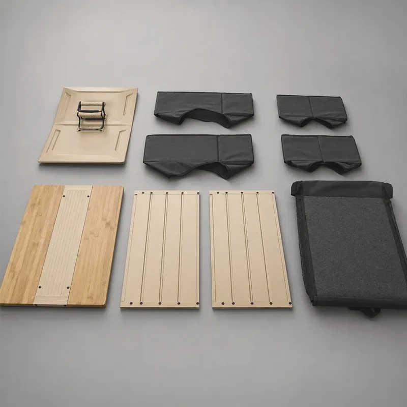 A set of camping furniture parts and accessories laid out on a neutral gray background, including light wood slatted panels, a dark gray fabric seat pad, a black carrying handle, and a black storage pouch.