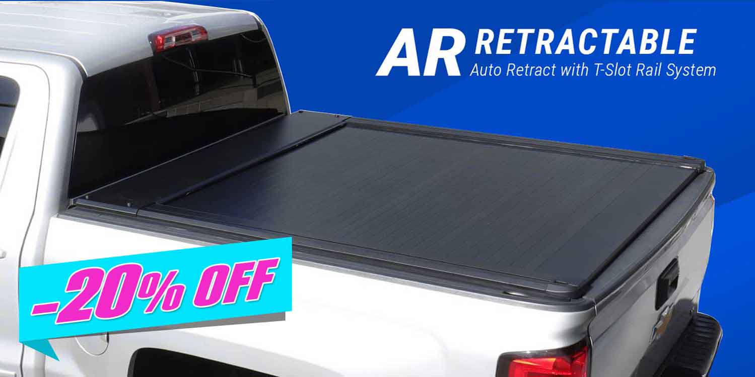 Retractable truck bed cover with 'AR Retractable' branding and promotional text on a blue background.