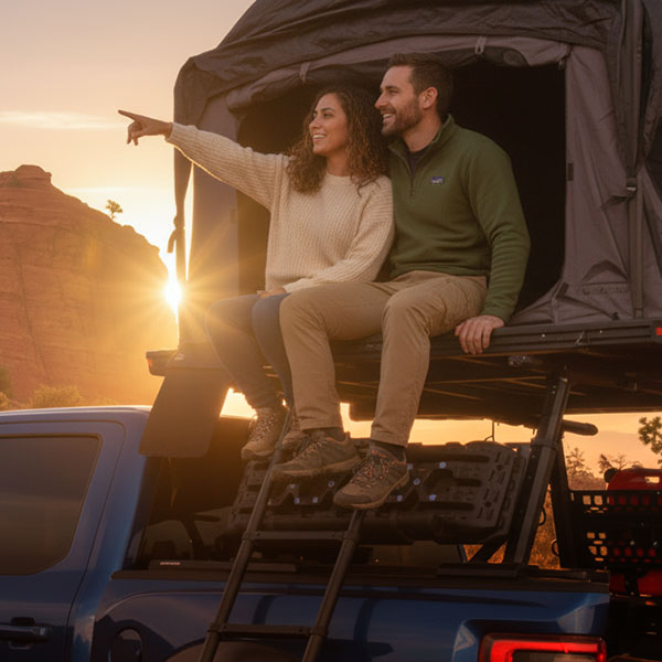 Couple sitting on a rooftop tent with a scenic sunset background