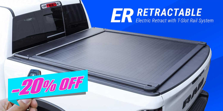Retractable truck bed cover with 'ER Retractable' branding and promotional text on a blue background.