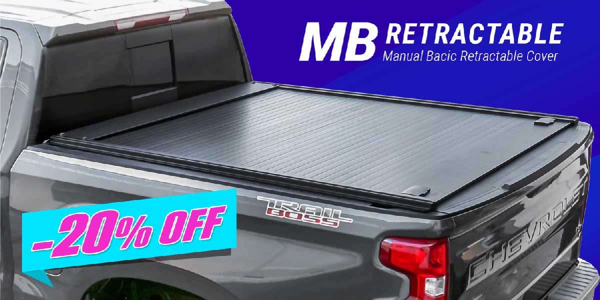 Retractable truck bed cover with 'MB' branding and promotional text on a blue background