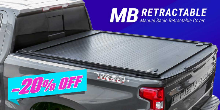 Retractable truck bed cover with 'MB' branding and promotional text on a blue background