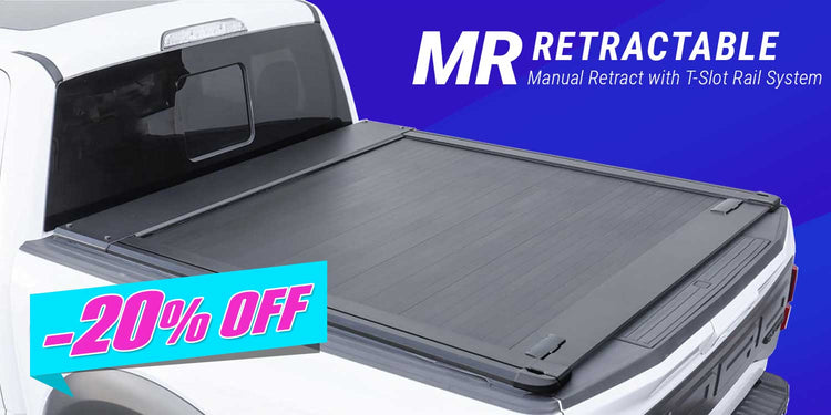 Retractable truck bed cover with promotional text on a blue background