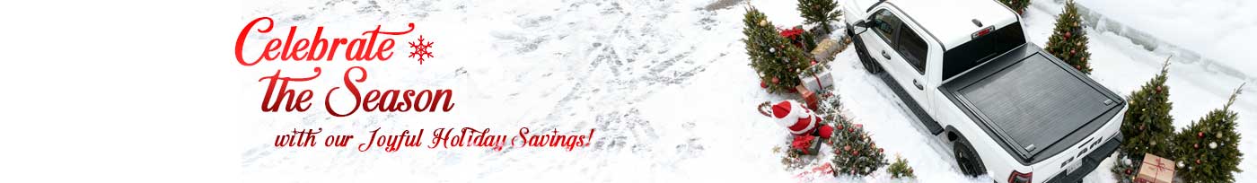 Promotional banner for holiday savings with a truck and Christmas decorations.