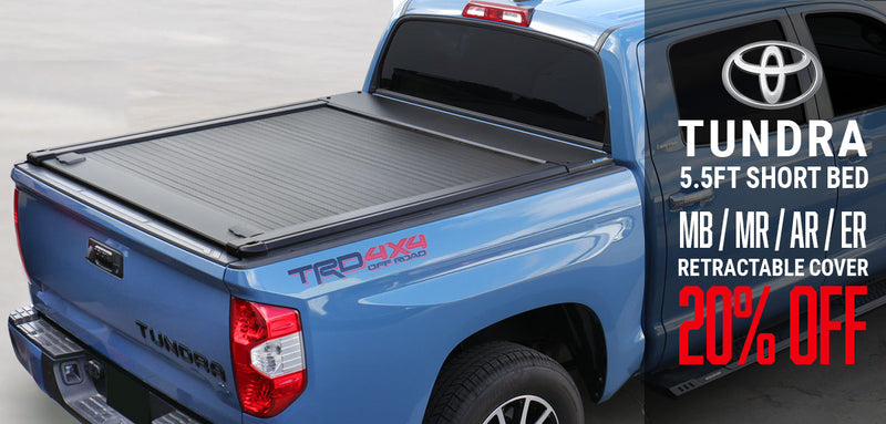 Blue Toyota Tundra truck with a retractable cover and promotional text on a gray background