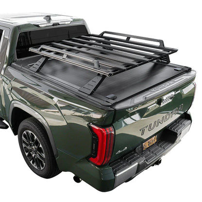 SyneticUSA R2 rack and tonneau cover installed on green Tundra with a white background