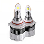 Two car headlight bulbs with metallic and white design on a white background