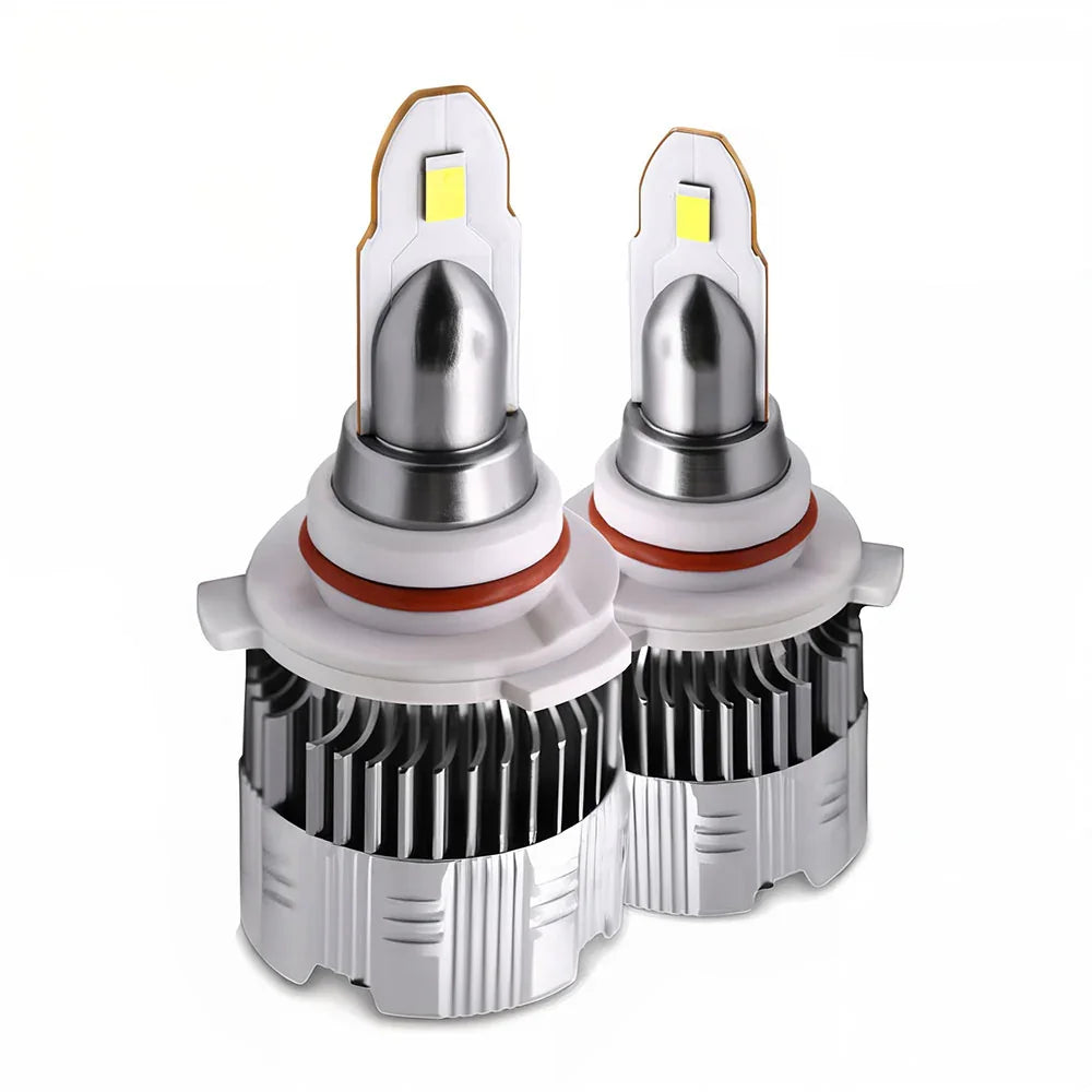 Two car headlight bulbs with metallic and white design on a white background