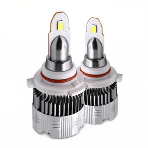 Two car headlight bulbs with metallic and white design on a white background