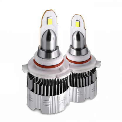 Two car headlight bulbs with metallic and white design on a white background