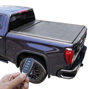 2018 metallic blue GMC Sierra with SyneticUSA's power-retractable tonneau cover