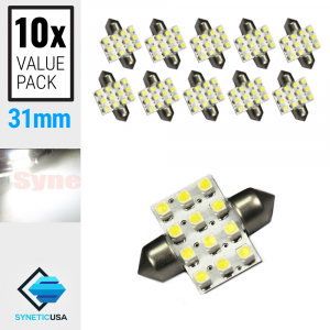 10x 31MM Festoon 12-SMD LED Map/Dome Interior Light Bulbs (6000K White/Blue)