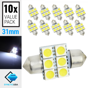 10x Festoon SMD 6-LEDs 6000K White Map/Dome Interior Light Bulbs (31mm| 41mm)