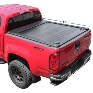 2015 red Colorado with SyneticUSA's off-road-ready retractable tonneau cover